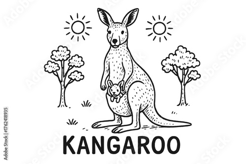 Kangaroo with Joey. Hand-drawn kangaroo with suns, joey, and trees, center word “Kangaroo” in black and white isolated transparent