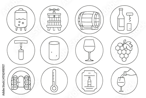 Wine Making Icons. Line style round icons of wine making: fermentation tank, wine press, barrel, bottle; corkscrew, cork, tasting