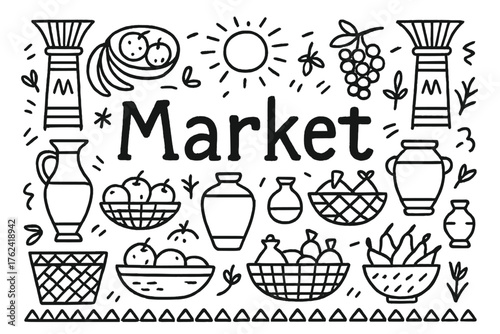 Egyptian Market Doodle. Doodle egyptian market with fruits, jars, and baskets, center word “Market” in black and white isolated