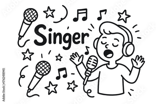 Doodle Singer Art. Doodle singer with microphones, notes, and stars, center word “Singer” in black and white isolated transparent