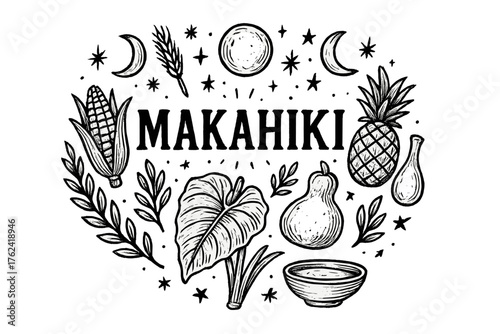 Makahiki Festival Imagery. Hand-drawn makahiki festival with moons, stars, and harvest, center word “Makahiki” in black and white