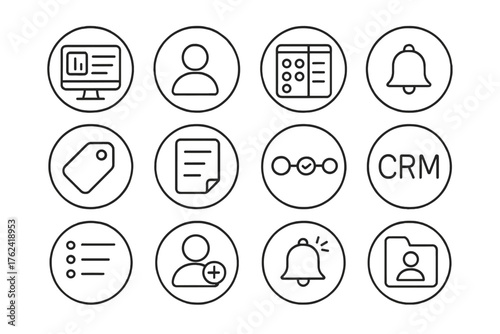CRM Tools Icons. Line style round icons of CRM tools: dashboard screen, contact database, deal pipeline, follow-up bell; tag icon,