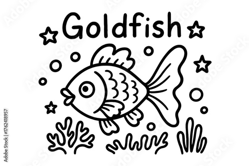 Goldfish Doodle Art. Doodle goldfish with stars, bubbles, and corals, center word “Goldfish” in black and white isolated