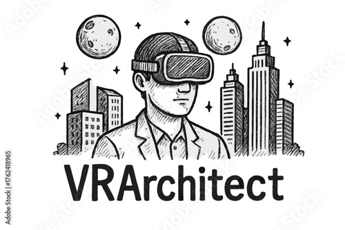VR Architect Design. Hand-drawn vr architect with moons, buildings, and headsets, center word “VRArchitect” in black and white