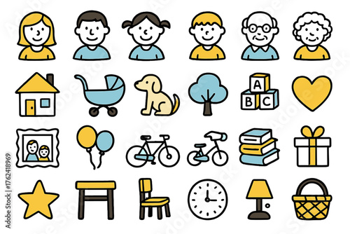 Family Doodle Icons. Family doodle icon set: hand drawn icons of parents, children, grandparents, house, stroller, pet, tree, toy