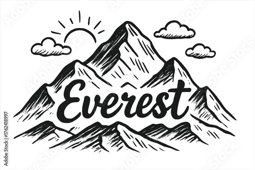 Everest Scenic Art. Hand-drawn everest view with mountains, suns, and clouds, center word “Everest” in black and white isolated