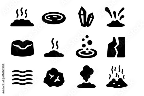 Volcanic Springs Icons. Solid style icons of Volcanic Springs: steaming ground, geothermal pool, sulfur crystal, hot mud, crater