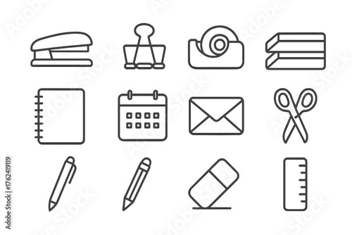 Office Supplies Icons. Line style round icons of office supplies: stapler, binder clip, tape dispenser, paper tray; notebook,