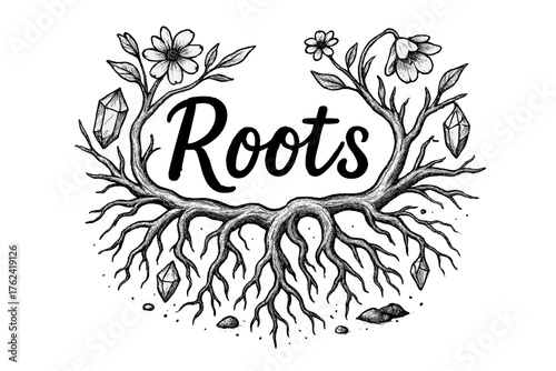 Enchanted Roots Illustration. Hand-drawn magical roots with gems, flowers, and earth, center word “Roots” in black and white