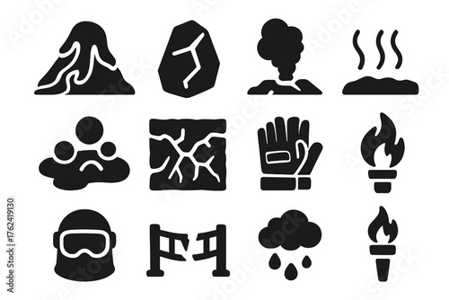 Lava Caverns Exploration. Solid style icons of Lava Caverns: flowing lava, obsidian stone, smoke vent, scorched earth, molten rock