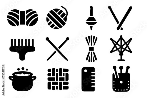 Fiber Arts Icons. Solid style icons of Fiber Arts: wool skein, yarn ball, drop spindle, crochet hook, loom thread, knitting