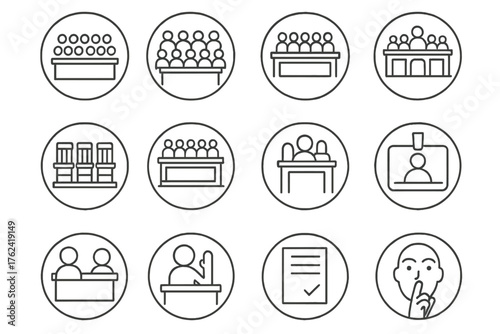 Jury Box Icons. Line style round icons of jury box: twelve, peers, trial, decision; courtroom, wooden seats, judge view, juror