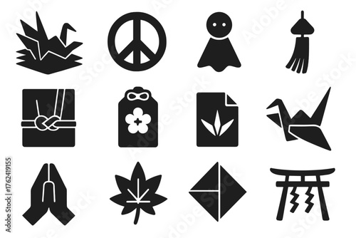 Cultural Origami Icons. Solid style icons of Cultural and symbolic origami: 1000 cranes, peace symbol, paper spirit, festival