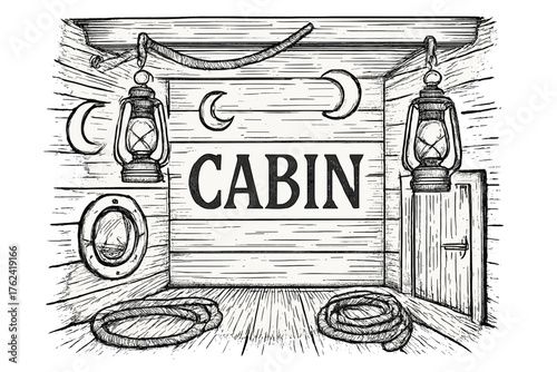 Sailor Cabin Elements. Hand-drawn sailor cabin with moons, lanterns, and ropes, center word “Cabin” in black and white isolated