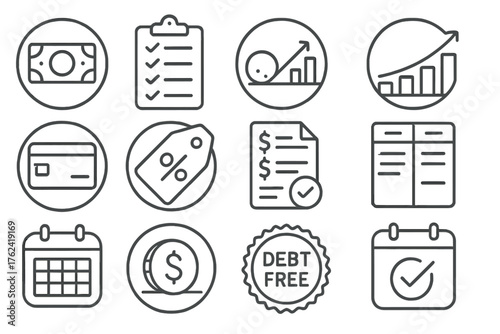 Debt Repayment Icons. Line style round icons of debt repayment plans: loan icon, repayment tracker, snowball method, avalanche