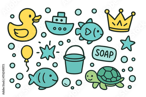 Cute Bath Toys. Bath toys doodle icon set: hand drawn icons of rubber duck with smile, boat, fish, turtle, crown, star, balloon,