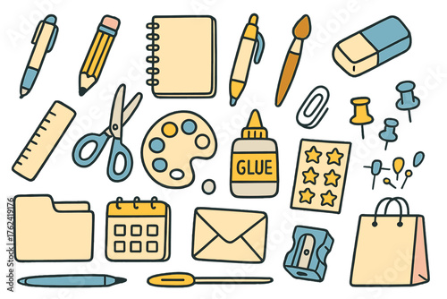 Stationery Doodle Icon Set. Stationery shop doodle icon set: hand drawn icons of pen, pencil, notebook, eraser, ruler, scissors,