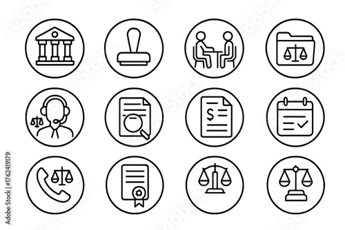 Legal Services Icons. Line style round icons of legal services: law firm, notary stamp, consultation icon, retainer file; legal