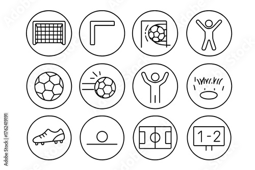 Football Icon Set. Line style round icons of football goal: net, post, score, game; goalkeeper, ball, crossbar, celebration;