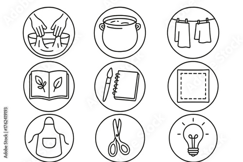 Artisan Workshop Icons. Line style round icons of artisan workshop: hands dyeing, indigo pot, cloth line, sketchbook; brush,