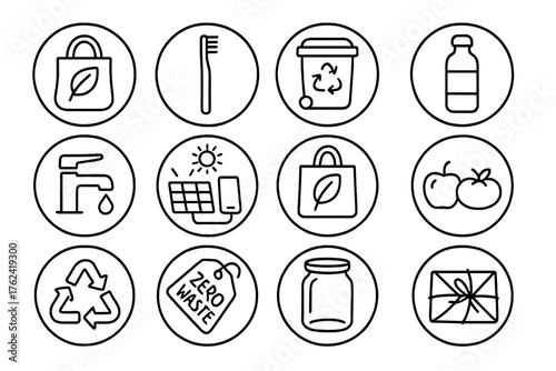 Eco-Friendly Icons. Line style round icons of eco-friendly practices: reusable bag, bamboo toothbrush, compost bin, refill bottle;