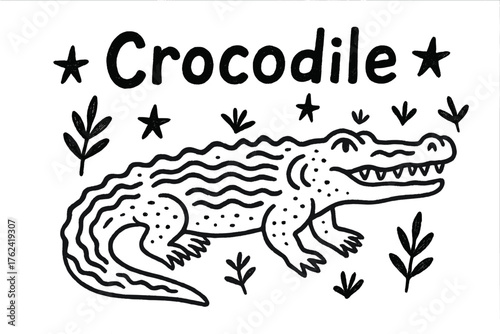 Crocodile Amidst Nature. Hand-drawn crocodile with rivers, stars, and plants, center word “Crocodile” in black and white isolated