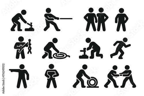 Deck Crew Icons. Solid style icons of Deck Crew Actions: tying down, hauling rope, bracing feet, teamwork stance, adjusting knot,