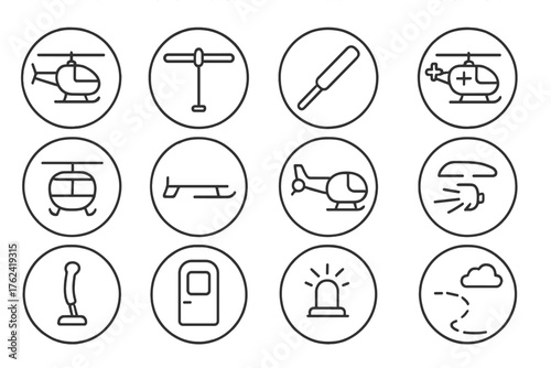 Helicopter Line Icons. Line style round icons of helicopter: rotor, blade, aviation, rescue; cockpit, landing skid, tail boom,