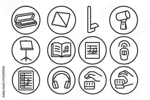 Musical Accessories Icons. Line style round icons of musical accessories: harmonica case, cleaning cloth, reed tool, mic clip;