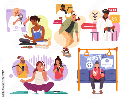 Diverse people characters enjoying listening audio podcast with headphones isolated cartoon set