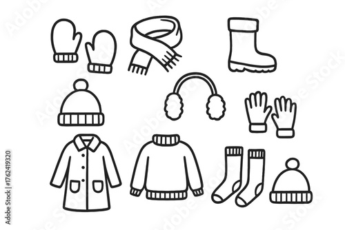 Winter Clothing Doodle Icons. Winter clothing doodle icon set: hand drawn icons of mittens, scarf, boots, hat, earmuffs, coat,