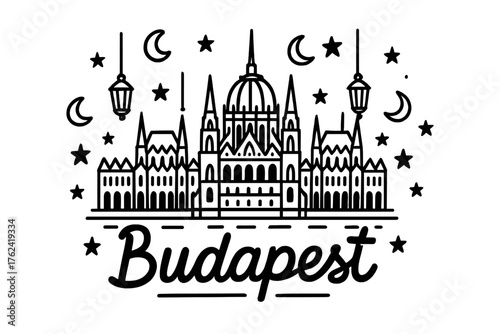 Budapest Celestial Doodle. Doodle budapest parliament with stars, moons, and lanterns, center word “Budapest” in black and white
