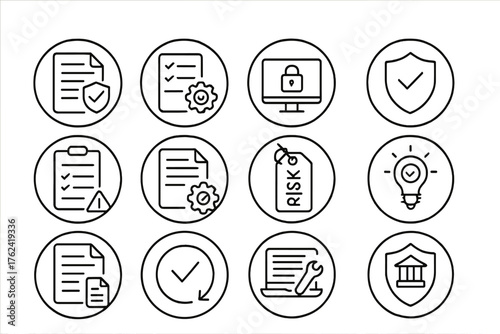 Security Policy Icons. Line style round icons of security policies: policy document, company rules, access policy, compliance