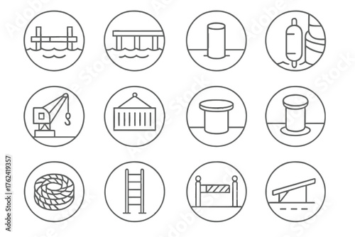 Port Infrastructure Icons. Line style round icons of port infrastructure: dock, pier, mooring post, fender; crane, shipping