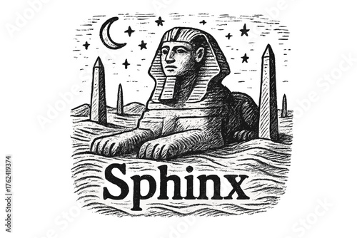 Sphinx Desert Scene. Hand-drawn sphinx desert with stars, sand, and obelisks, center word “Sphinx” in black and white isolated