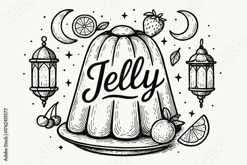 Celestial Jelly Art. Hand-drawn jelly with moons, fruits, and lanterns, center word “Jelly” in black and white isolated