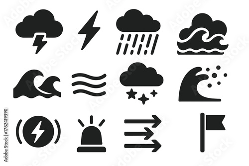Stormy Seas Icons. Solid style icons of Storm and sea conditions: storm cloud, lightning bolt, heavy rain, rough sea, ocean swell,