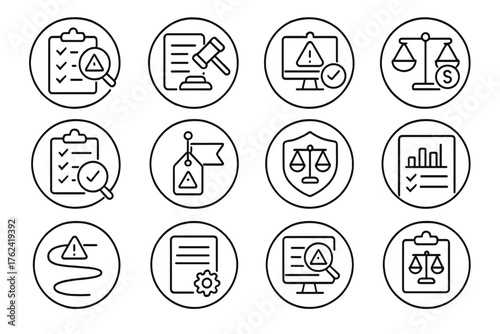 Legal Risk Icons. Line style round icons of legal risk management: risk assessment, policy enforcement, compliance alert,