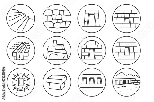 Incan Architecture Line Icons. Line style round icons of Incan architecture: terrace, stone wall, trapezoid door, masonry; water