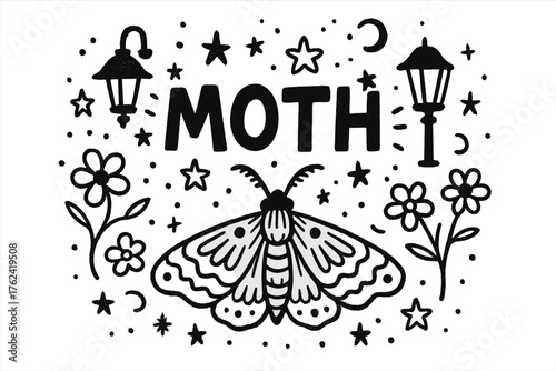 Moth Night Doodle. Doodle kingston reggae street Doodle moth night with lamps, stars, and flowers, center word “Moth” in black and
