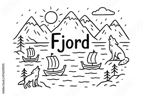 Snowy Fjord Doodle. Doodle snowy fjord with mountains, ships, and wolves, center word “Fjord” in black and white isolated