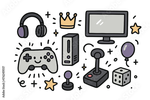 Cute Gaming Icons. Gaming doodle icon set: hand drawn icons of game controller with smile, console, screen, headphones, crown,