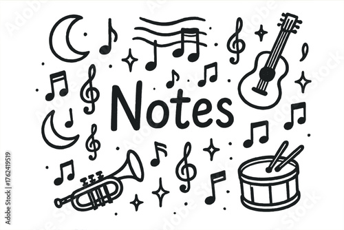 Celestial Music Notes. Hand-drawn musical notes with moons, sparkles, and instruments, center word “Notes” in black and white