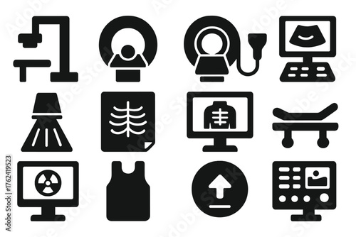 Medical Imaging Icons. Solid style icons of Medical Imaging: x-ray machine, CT scanner, MRI scanner, ultrasound device, radiation