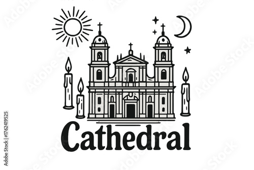 Cathedral with Celestial Motifs. Hand-drawn cathedral primada with suns, moons, and candles, center word “Cathedral” in black and
