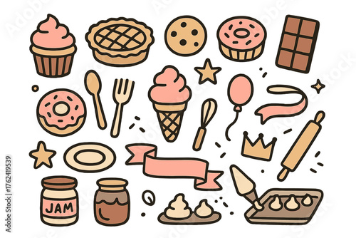 Sweet Treats Doodle. Cooking sweets hobby doodle icon set: hand drawn icons of cupcake, pie, cookie, tart, donut, ice cream,