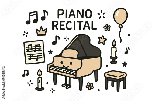 Piano Recital Doodle Set. Piano recital doodle icon set: hand drawn icons of grand piano with smile, notes, crown, star, balloon,