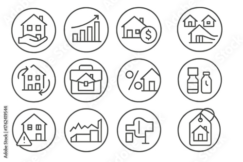 Real Estate Icons. Line style round icons of real estate investment: rental property, ROI chart, income stream, property portfolio