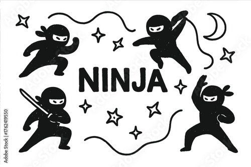 Ninja Shadow Doodles. Doodle ninja shadows with stars, ropes, and moons, center word “Ninja” in black and white isolated