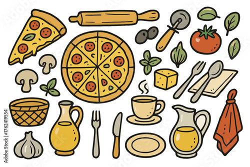 Pizza Doodle Icons. Pizza doodle icon set: hand drawn icons of pizza slice, whole pizza, rolling pin, cutter, olives, mushrooms,